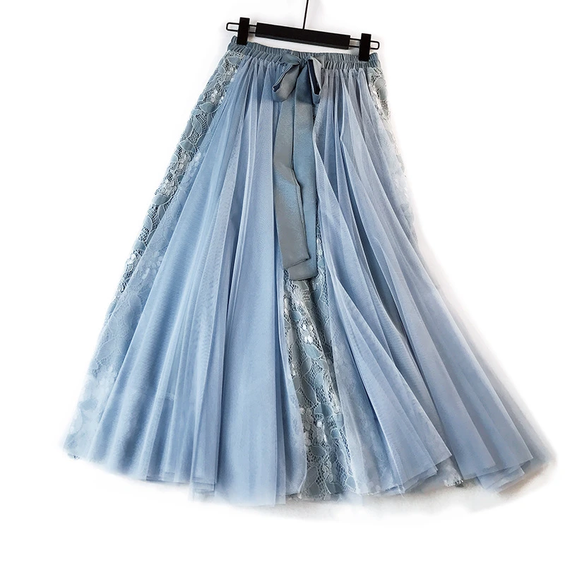 Zuolunouba Europe Preppy Style Women Skirts Lace Patchwork Ball Gown Bow Elastic Waist Mesh Long Skirt Blue Japanese Style denim skirts for women