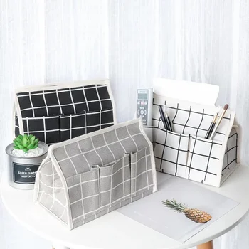 

Household Desktop Tissue Box Farmhouse Style Cotton Linen Tissue Box With Small Pockets Multi-function Sundries Storage Box