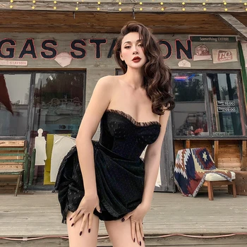 

Le Palais Vintage 2020 New Original Lace Corset Strap Party Dress Vintage Black Velvet Mesh Mini Strapless Sexy Women Dresses
