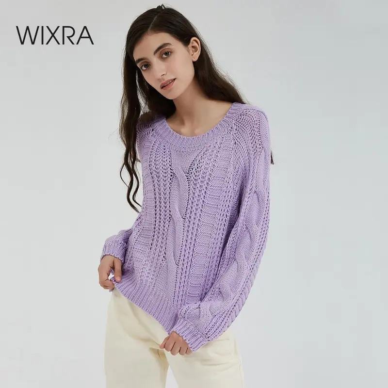 Женский свитер с круглым вырезом Wixra однотонный Свободный теплый вязаный на