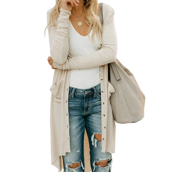 

Shopping Outwear Knitted Slim Long Tops Casual Fashion Women Cardigan Long Sleeve With Pocket Solid Button Daily Fall