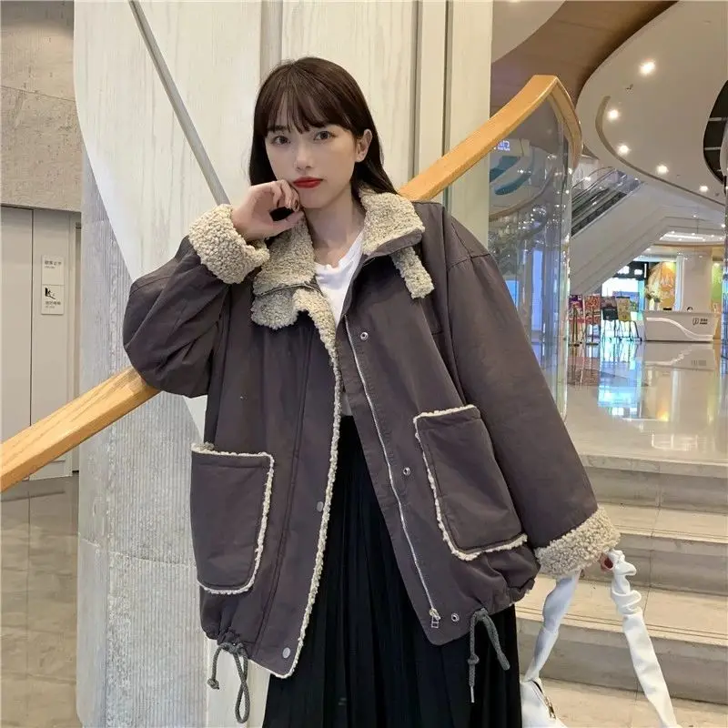 hooded puffer jacket Lamb Wool Padded Jackets Women Clothes Patchwork Plus Velvet Thick Autumn Winter New Korean Loose Harajuku Style Warm Jacket puffer coat with fur hood