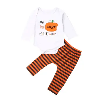 

2Pcs Set 2020 Brand Newborn Baby Girl 1st Pumpkin Halloween Romper Letter Embroidery Tops Jumpsuit Striped Pants Clothes Outfits