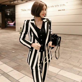 

High Quality 2019 Winter Women Suit Office Lady Striped Two Piece Pant Set Formal Double-breasted Coat+OL Work Pant Suits