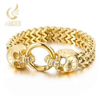 

Fongten Gold Cool Skull Head Men Charm Bracelet Hip Hop Armband Stainless Steel Punk Wrist Bracelets Bangle Male Jewelry