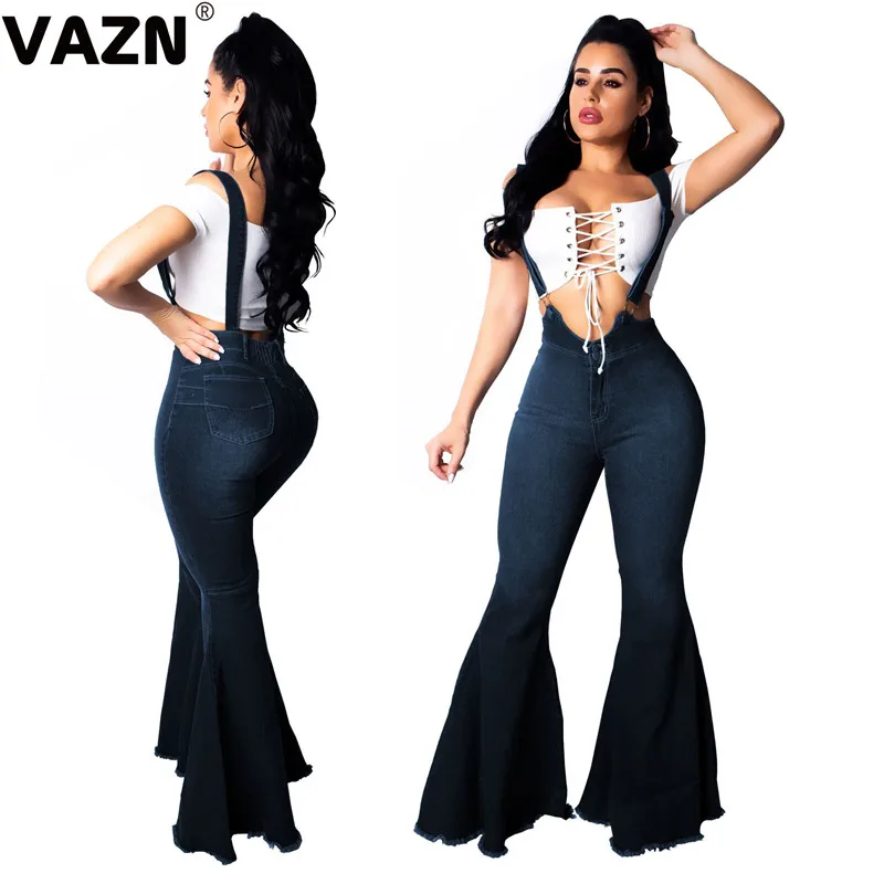 VAZN GSMR19110 chic product autumn sexy lady blue long jeans skinny flares pants sexy lady romper pockets high street jeans