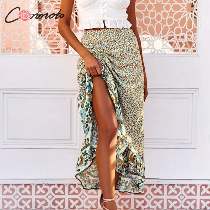 Conmoto пляжные Летние повседневные Цветочные женские юбки boho с оборками и принтом, юбка с высокой талией, Женская Асимметричная винтажная юбка