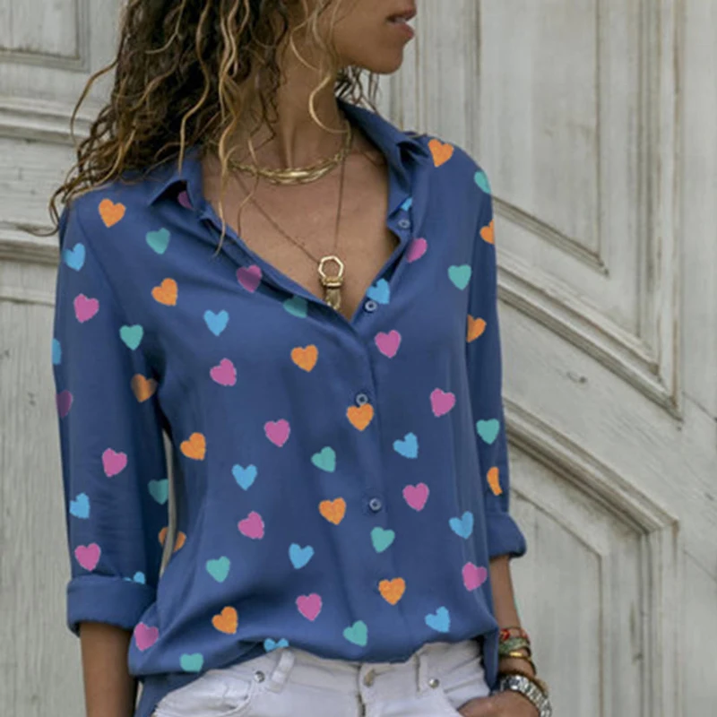 

Women Print Chiffon Shirts Casual Long Sleeve Plus Size Blouses Spring Autumn Turn-down Collar Tops Clothing