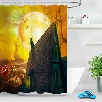 

Halloween Moon Castle Pumpkin Cat Fabric Bath Curtains