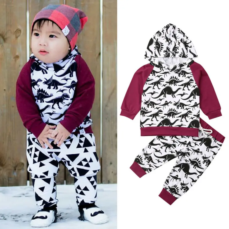 

0-24 Months Baby Boy Clothing Dinosaur Patterns Hooded Top Sweater Red Sleeve And Trousers For Autumn Winter Outfit Clothes