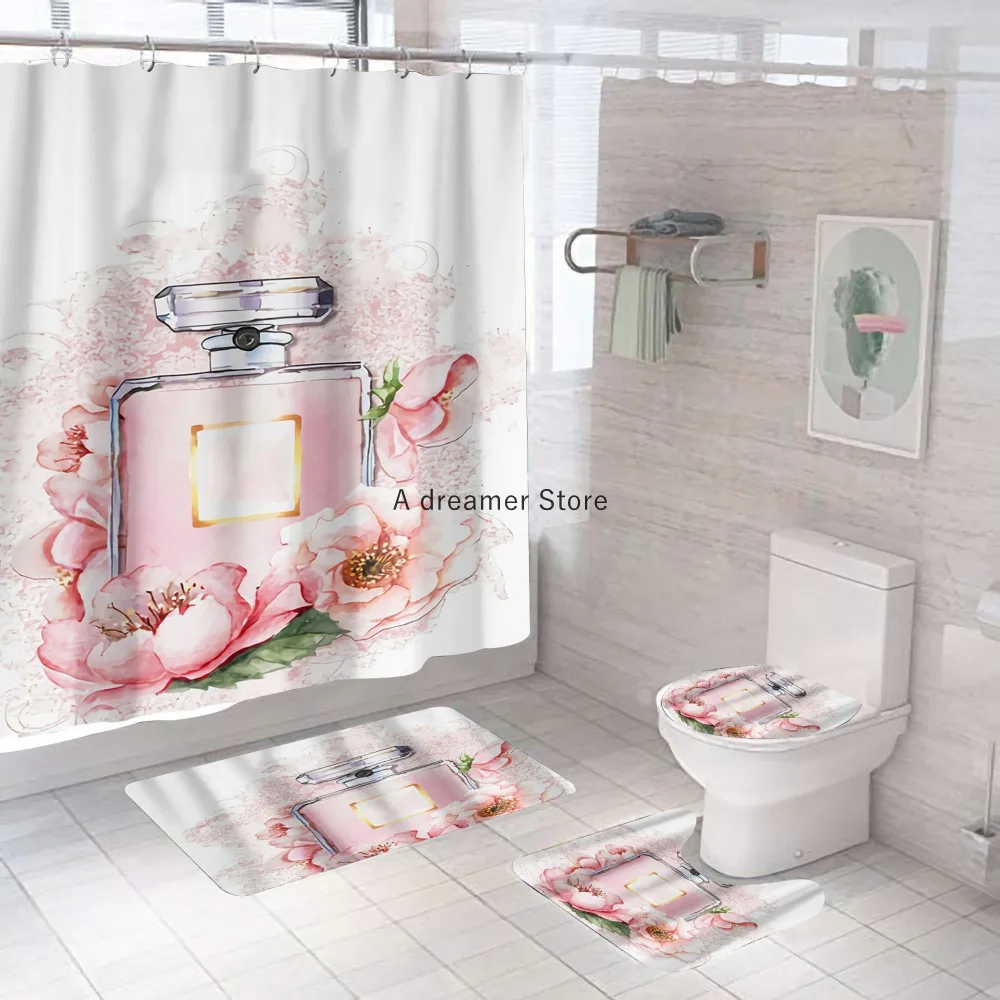 luxo perfume flor impresso cortina de chuveiro peças conjunto com ganchos decoração do banheiro prova dwaterproof água capa tela tapete toalete