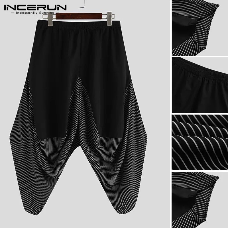 

INCERUN Streetwear Men Dark Black Stripes Pocket Cargo Pants Man Wide Leg Harem Joggers Harajuku Hippy Style Trousers S-5XL