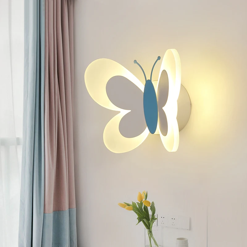 Cartoon Cute Blue Pink Butterfly Wall Lamp Creative Wall Mount LED