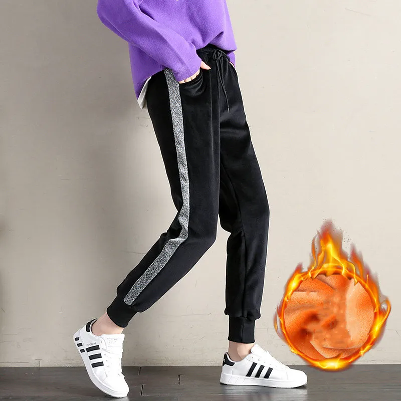 

Gold Velvet Side Slits Harem Pants Female Winter Trouser Large Size Sweatpants Women Baggy Pants with Stripes Women's Warm Pants