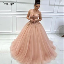 

Verngo 2021 New Dusty Pink Tulle Ball Gown Prom Dresses Sweetheart Beads Diamond Dubai Arabic Luxury Princess Evening Gowns