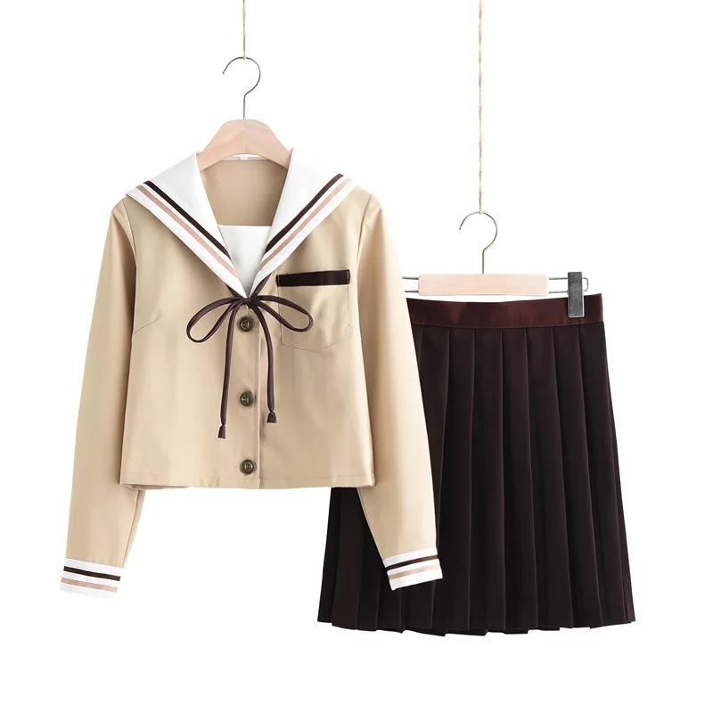 School Dresses Jk Uniforms khaki Sailor Suit Anime Pleated Skirt Uniform Dress For High School Girls Students With bow Tie