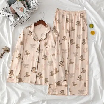 

2020 New Pink Modal Pajamas Set Spring Autumn New Women Cartoon Little Lion Print Cardigan Casual Homewear Pajamas for Girls