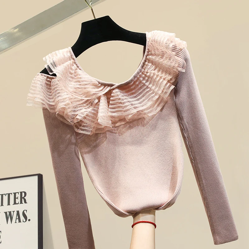 Тонкий свитер Blusas Женская Осенняя одежда новая трикотажная рубашка женская длинный рукав кружева оборки сшивание с плеча джемпер леди - Цвет: Розовый