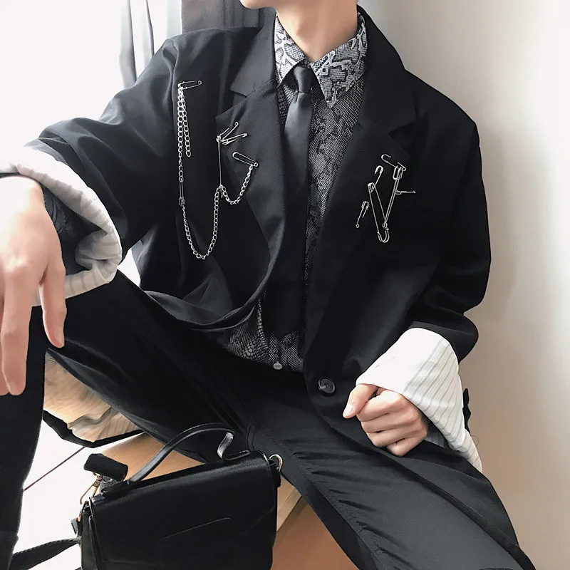 Designer Tassel Chains Vintage Japan Style Blazer Men Autumn Harajuku Black Loose Suit Jacket Male Casual Outerwear S-XL