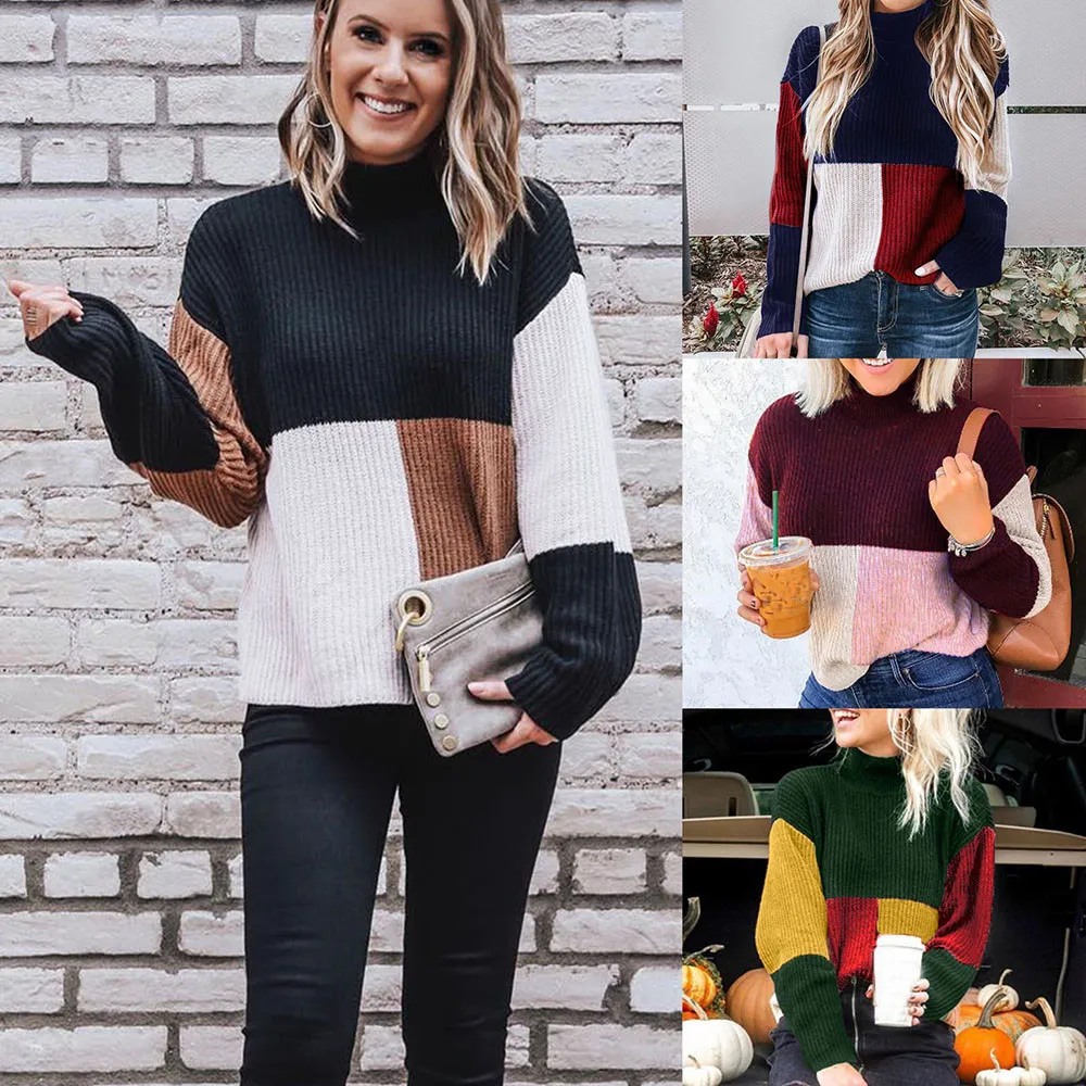 Jaycosin Women Colorblock Stand Long Sleeve Knitted Loose Sweater Tops Casual Quality Attractive Jumper Pullover Top Blouse