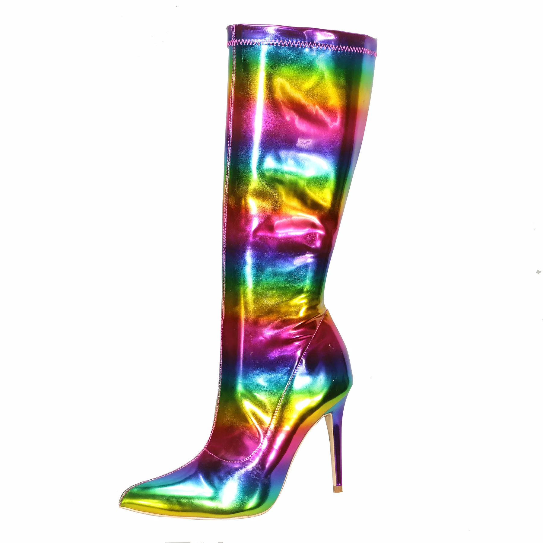 

US4-11 Womens Pointed Toe Genuine Leather Knee Thigh Boots Stilettos High Heel Side Zipper Luxury Rainbow Colors Shoes Plus Size