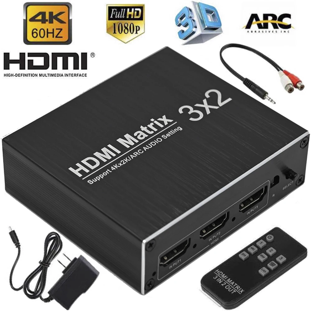  HDMI Matrix 3X2 4K@60Hz with Optical TOSLINK&R/L 3.5mm Audio Extractor Hdmi switcher Ultra HD 1080P