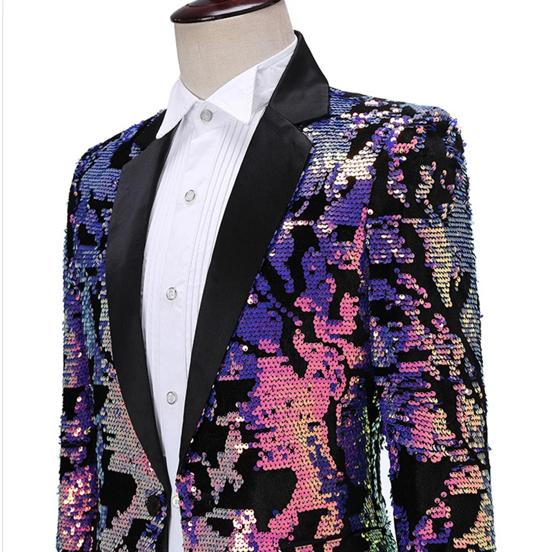 New Man Fashion Bling Shing Sequins Full Sleeve Slim Casual Performance Wedding Blazer Party Patchwork Coat xz057