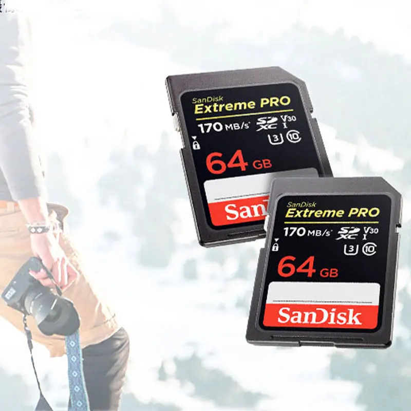 Двойной Флеш-накопитель SanDisk Extreme PRO SDHC и SDXC UHS-I Card 64 Гб 128 ГБ 256 ГБ до 170 МБ/с. Class10 C10 U3 V30 UHS-I 4K 32GB 95 МБ/с. для Камера