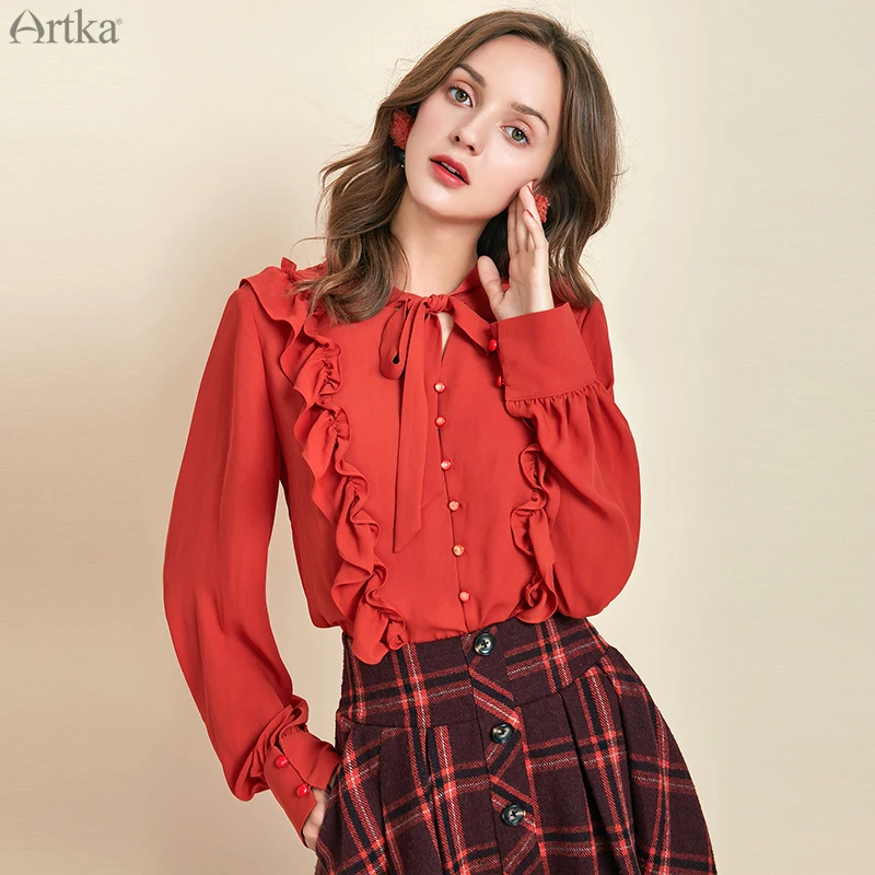 

ARTKA 2019 Autumn New Women Blouses Elegant Chiffon Shirt Vintage Ruffled Decorative Bow O-Neck Long Sleeve Red Shirts SA10592Q
