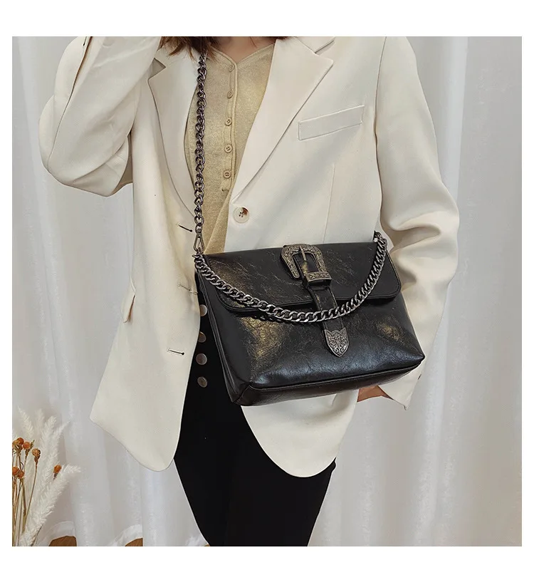 Vintage Messenger Bags Women Leather Chain Cross Body Brand Bag for Female Shoulder Messenger Bags with Strap Buckle Brown Black (17)