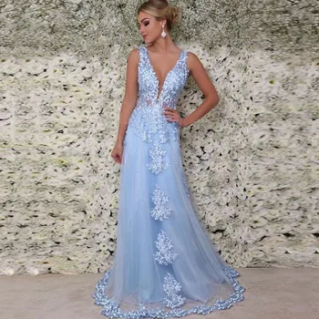

Elegant Blue Evening Dress V-Neck Tulle Applique Lace Sexy Prom Gown custom Made Formal Party Dresses for Graduation 2020