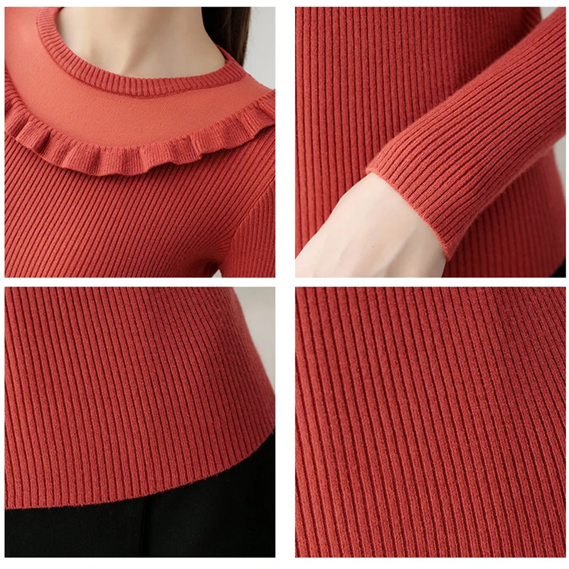 Gkfnmt модный тонкий вязаный свитер с оборками осенний женский свитер и пуловеры с длинными рукавами Зимние Теплые Топы
