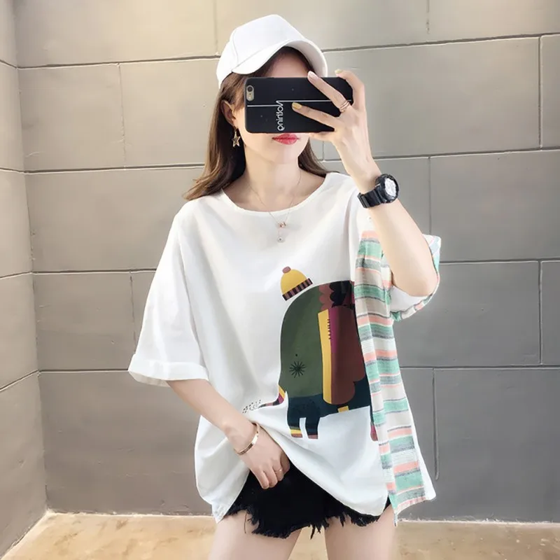 

2019 Women Striped & Elephant Print Summer O-Neck T-Shirt Casual Loose Half Sleeve Long Clothing Fashion Female Tops Tee