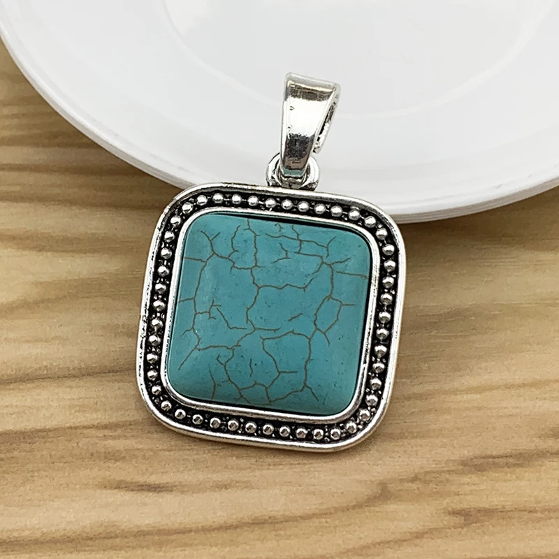 

2 Pieces Tibetan Silver Large Square & Faux Turquoise Charms Pendants for Necklace Jewellery Making Findings Accessories 52x35mm