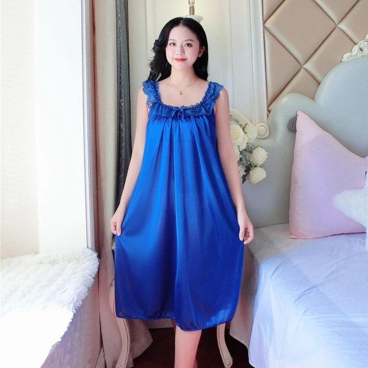 4XL Spring Ice Silk Lace Nightgown Home Clothing Ladies Long Gowns Pink Sleep Dress Women Sleepwear Sleeveless Sexy Sleepwear