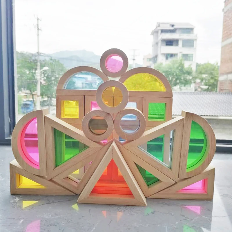 Juguetes de madera de Montessori para niños, bloques sensoriales de arcoíris, madera maciza de goma, bloques de construcción acrílica, juguetes educativos creativos