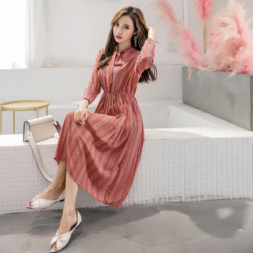 

Fashion 2019 Loose Casual Sumemr Dress Bow Brief Chffion A-line Women Dresses Korean Mid-calf Vintage Print Dresses