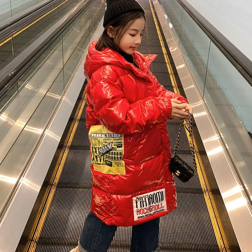 Модные детские глянцевые пуховые пальто больших размеров; плотные теплые парки с капюшоном и буквенным принтом для девочек; modis; Детские зимние пуховики; Y2476