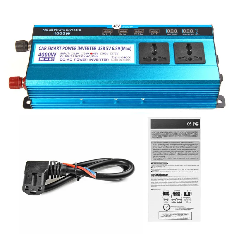 

4000W Inverter 12V/24V/48V To 220V Voltage Converter Transformer Double LED Display 4 USB Car Solar Triple Power Inverter