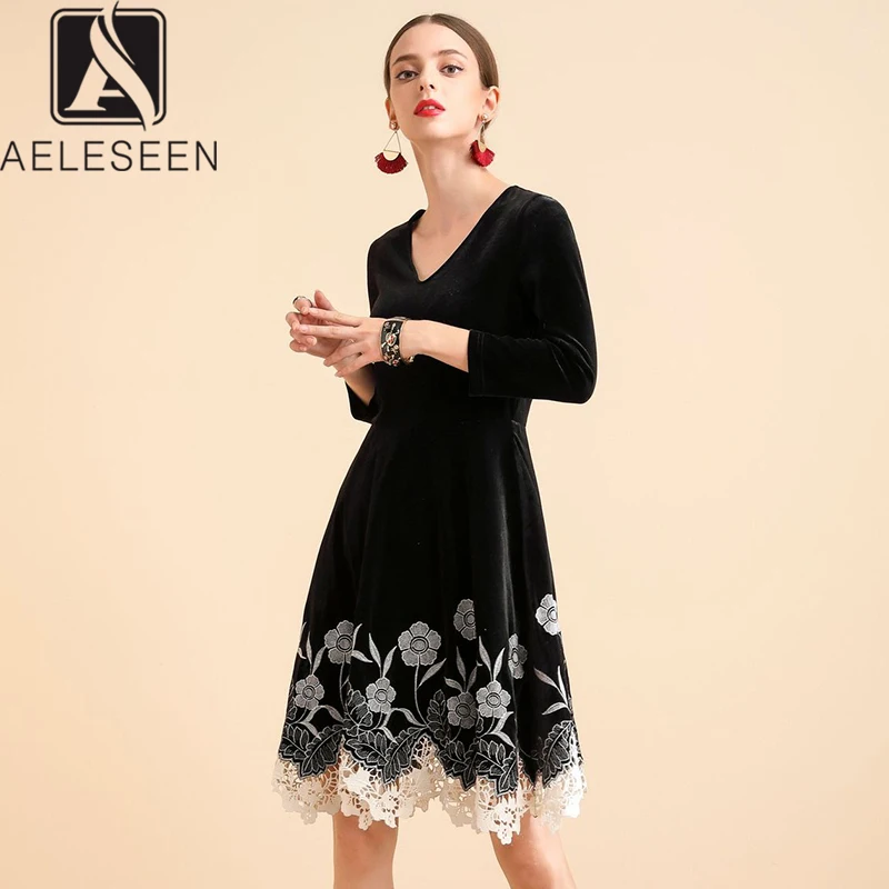 

AELESEEN 2020 Spring New Item Elegant European Party A-Line Dresses Women Luxury Floral Embroidery Lace Slim Fit Midi Dress