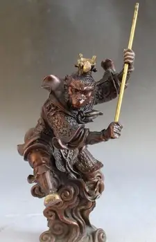 

FREE SHIPPING 10" Bronze Gilt Stand Sun Wukong Monkey King Buddha golden cudgel Statue S0708