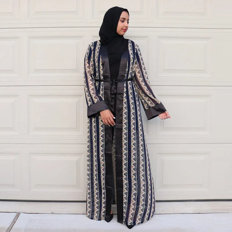 

Kaftan Fashion Geometric Pattern Ramadan Cardigan Robe Muslim Women Robe Islamic Dress Long Skirt Saudi Arabia Abaya Costume