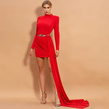 

Top Quality Bodycon Dress Red Elegant Night Club Long Sleeve Fashion Evening Party Dress Sexy Mini Dresses