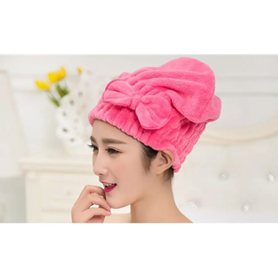 1pc multi colors Coral fleece women girl bath and shower dry hair care protect protection cap with Bow Free shipping