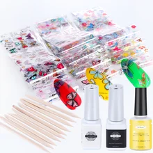 Голографическая фольга для ногтей, набор, Цветущий цветок, Бабочка, наклейки, сделай сам, смешанный дизайн ногтей, украшение, маникюр, дизайн, LEXK102-1