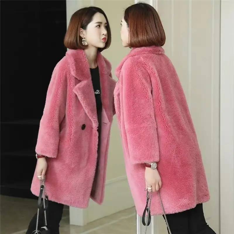 pink Женская коллекция осень-зима, пальто из искусственного меха, Женская Повседневная Свободная теплая искусственная шерсть, меховые пальто, модная мягкая пушистая верхняя одежда с отворотом R58 - Цвет: pink