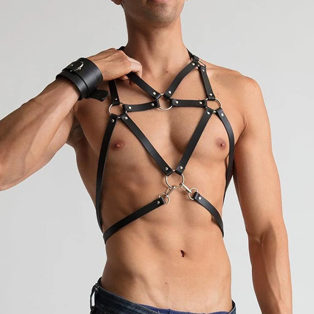 New Fetish Gay BDSM Bondage Men Sexy PU Leather Harness Male Lingerie Adjustable Sexual Body Punk Style Belts Harajuku For Adult |