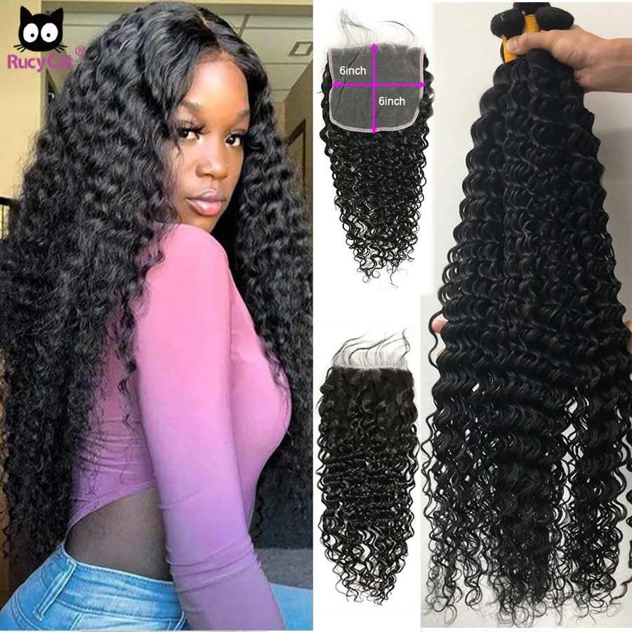 RucyCat Deep Wave Bundles With Closure 6x6 Lace Closure And Bundles Indian Human Hair Bundles With Closure 30 Inch Bundles