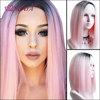

HUAYA Bob Wigs Black Ombre Pink Short Straight Wigs for Women middle part Heat Resistant Synthetic Daily Party Lolita Cosplay Wi