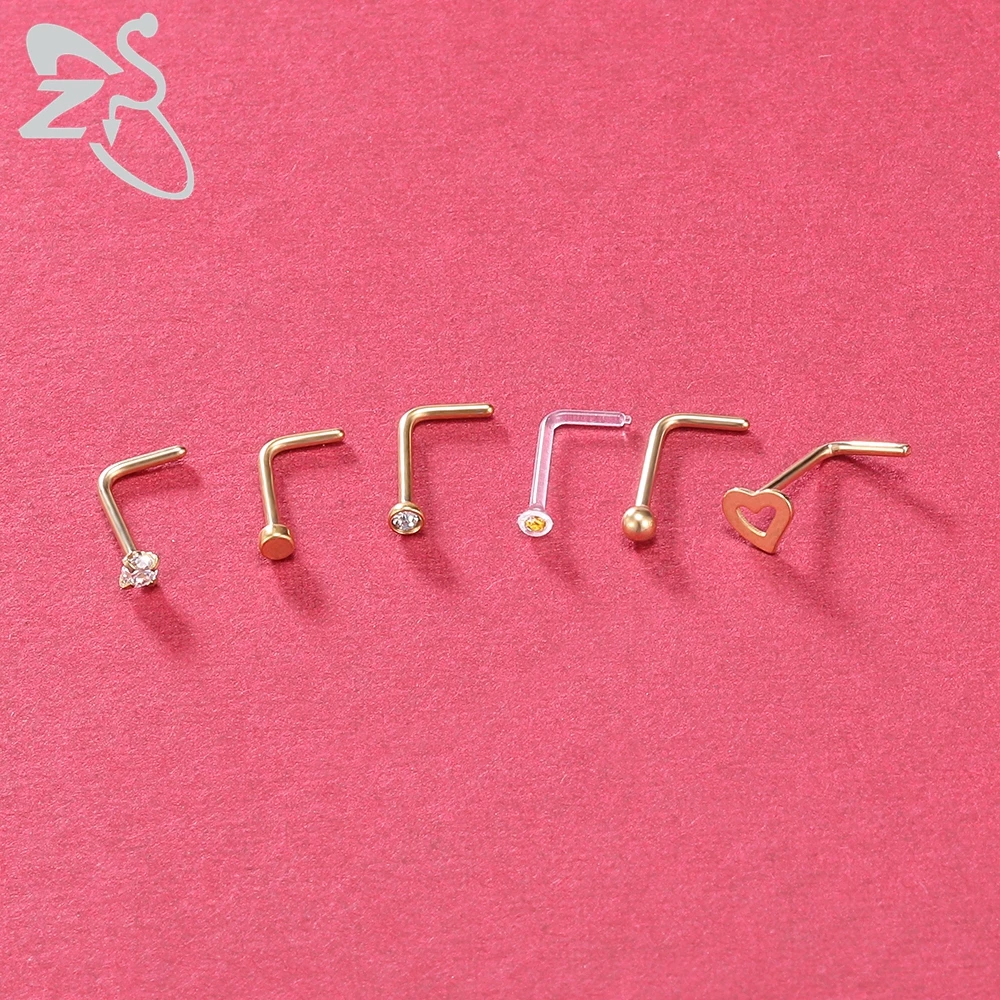 ZS 6-34pcs/Lot Heart Round Nose Piercing Ring Set Stainless Steel Crystal Nose Stud Pack L Shape Nose Nails Piercing Jewelry 20g